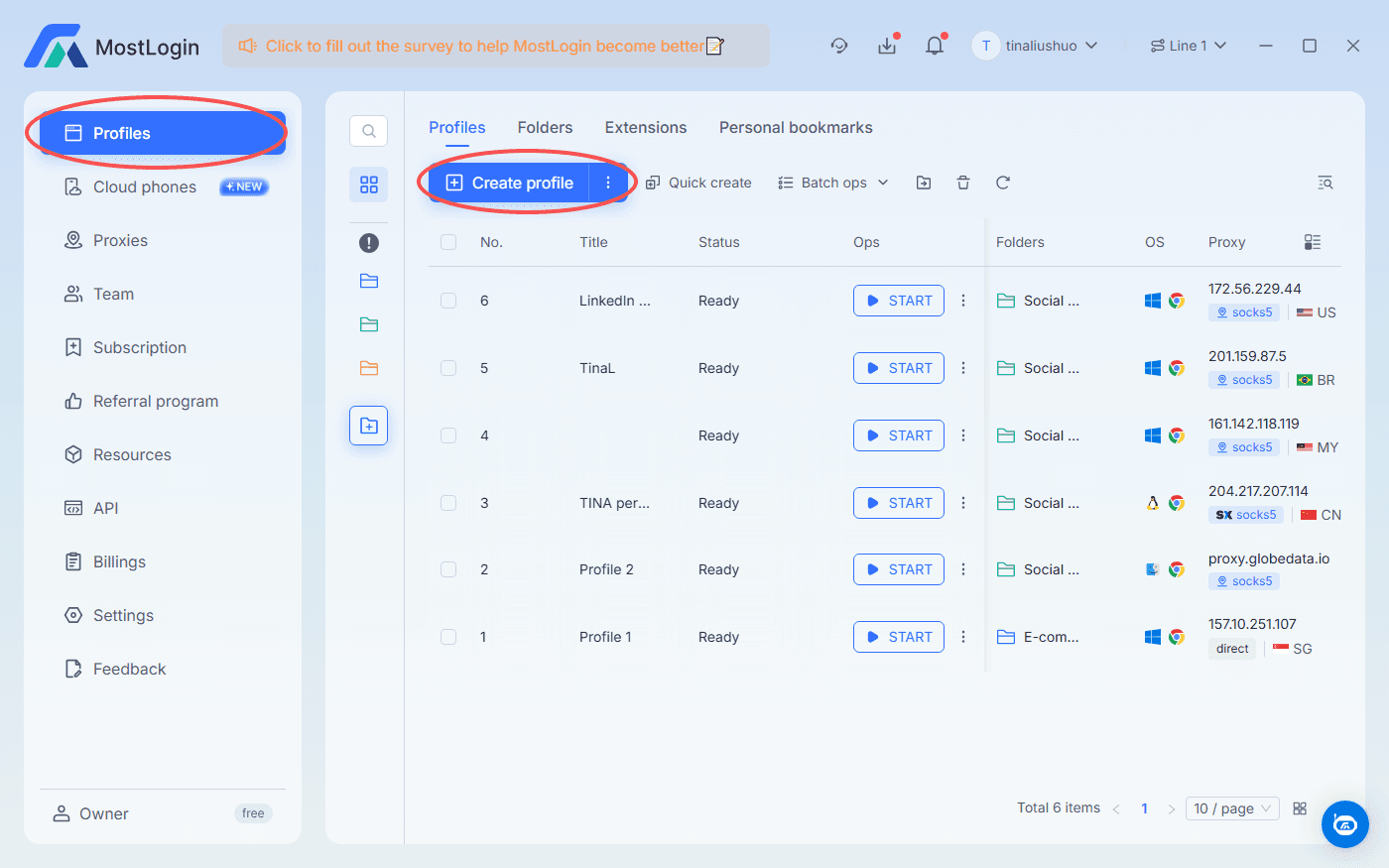 Open MostLogin desktop client and find Profiles tab to create profiles