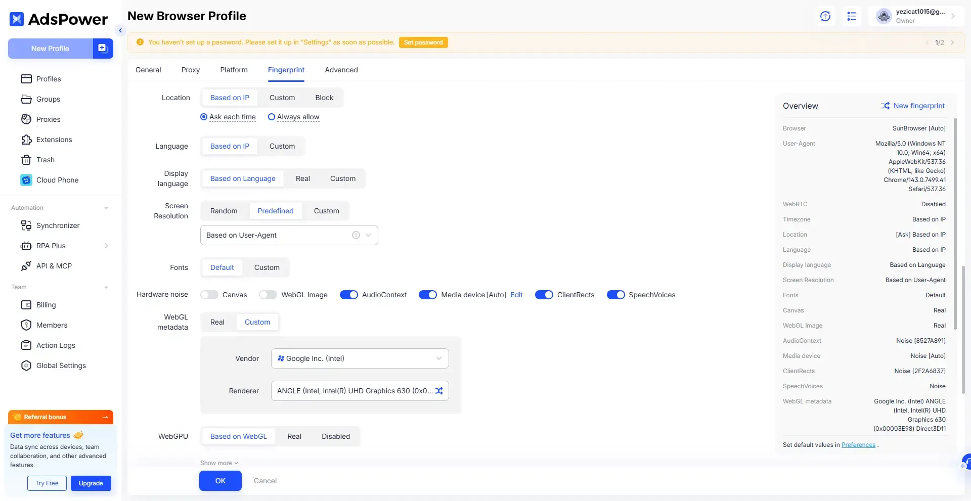 AdsPower Browser Environment User Configuration Interface