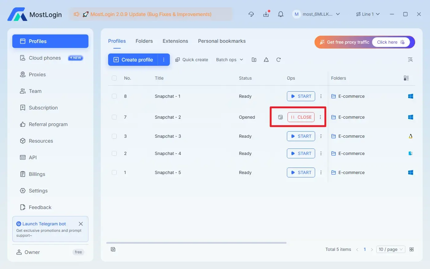 Открытие вновь созданного окна Snapchat