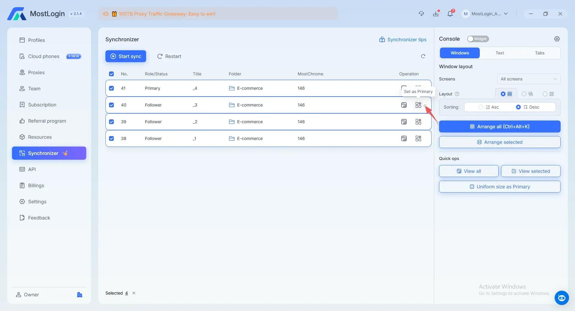 Set the Primary master window