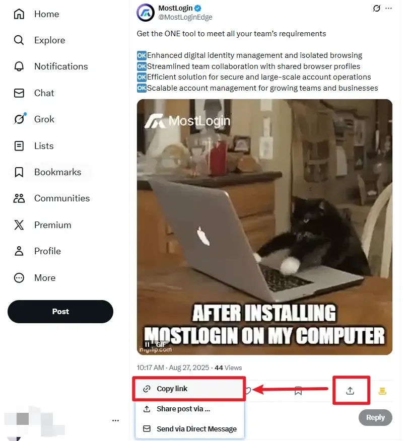 Получение ссылки для поделения с X/Twitter