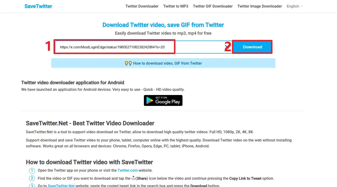 Вставка скопированной ссылки в savetwitter и нажатие кнопки загрузки