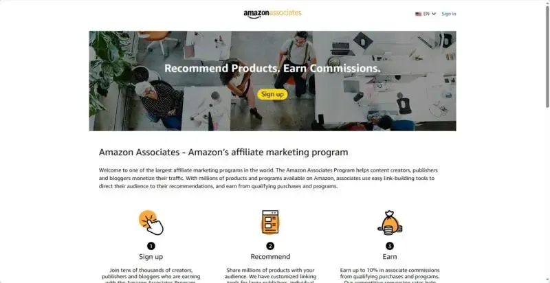 Перейдите на сайт Amazon Associates и нажмите кнопку «Sign up»