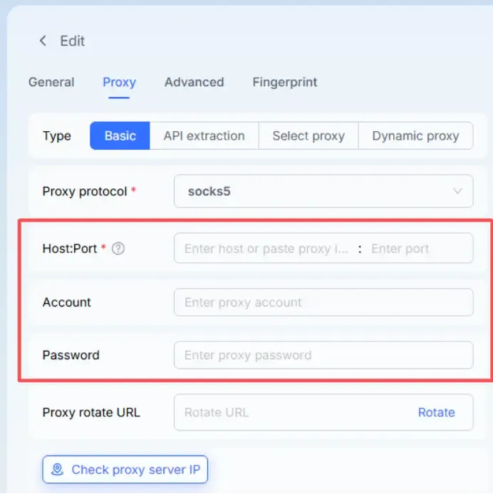 Fill in proxy information obtained from IPDEEP website