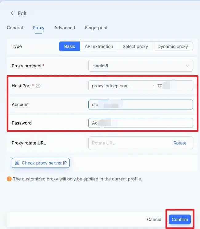 Click Confirm after filling in information