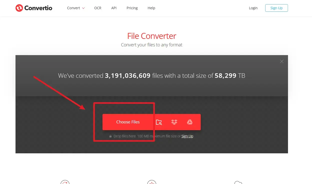 Выбор файла в онлайн-сервисе convertio