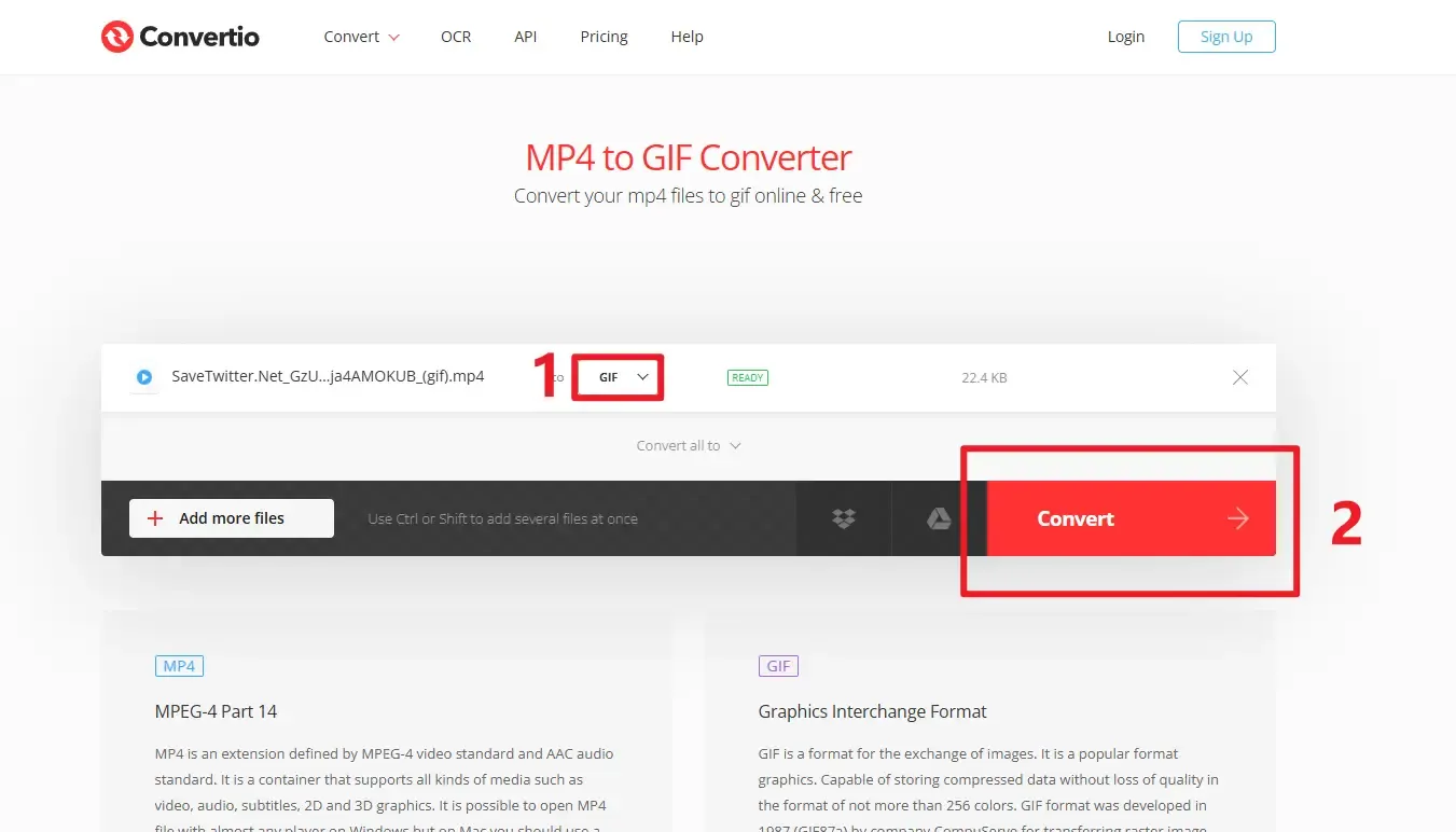 Загрузка MP4 в convertio для преобразования в GIF