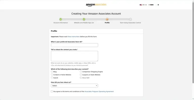 Укажите свой партнерский ID, тип создаваемого контента, целевую аудиторию и виды товаров, которые вы планируете продвигать