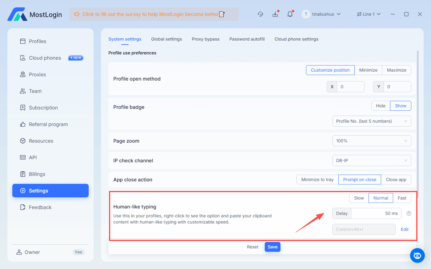 set up human-like typing in MostLogin desktop client