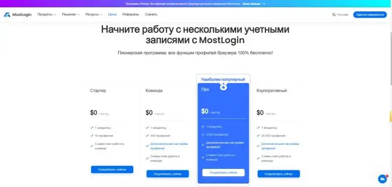 Тарифные планы браузера с защитой отпечатков MostLogin