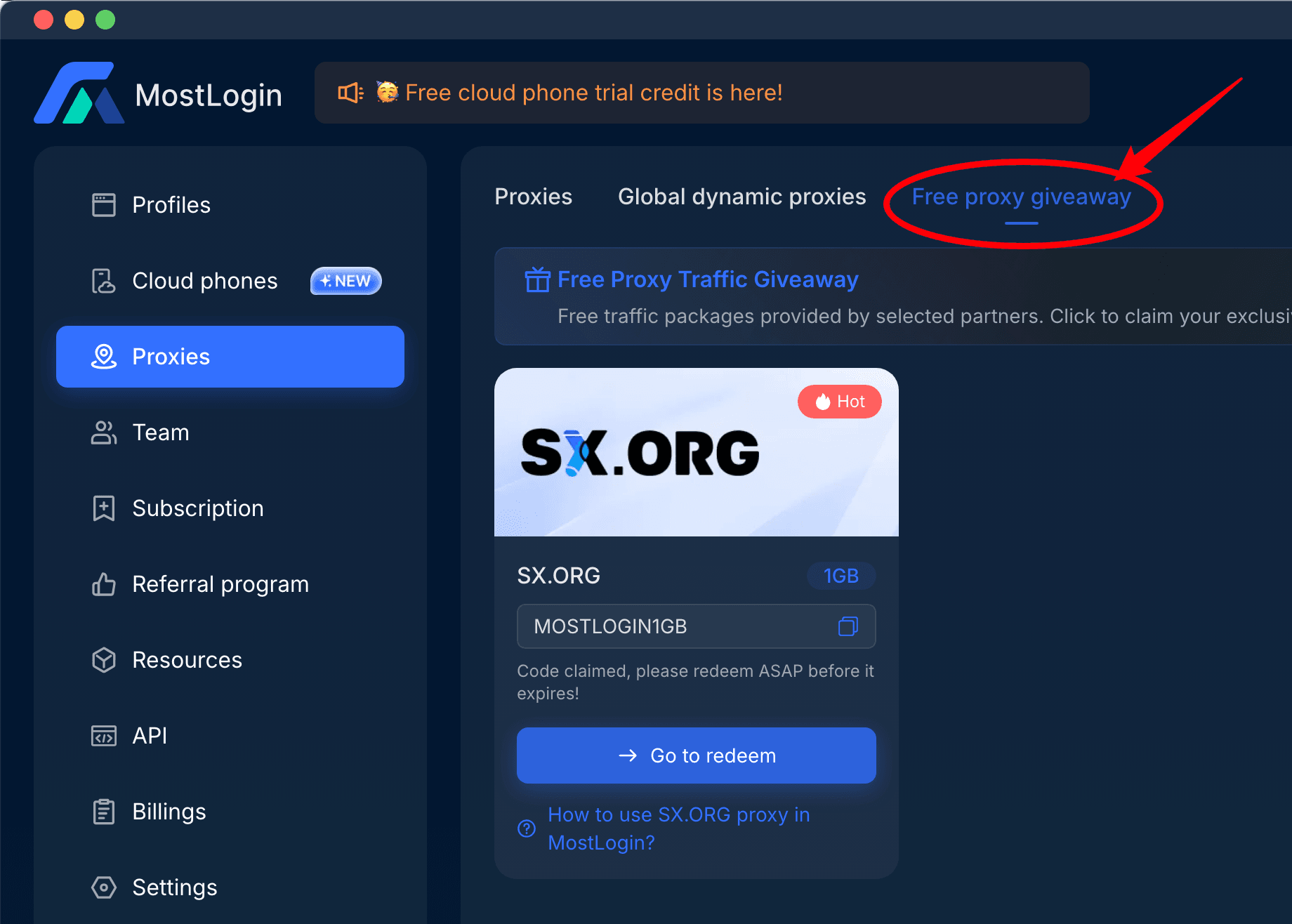 Claim 1GB free proxy from MostLogin's partner SX.ORG
