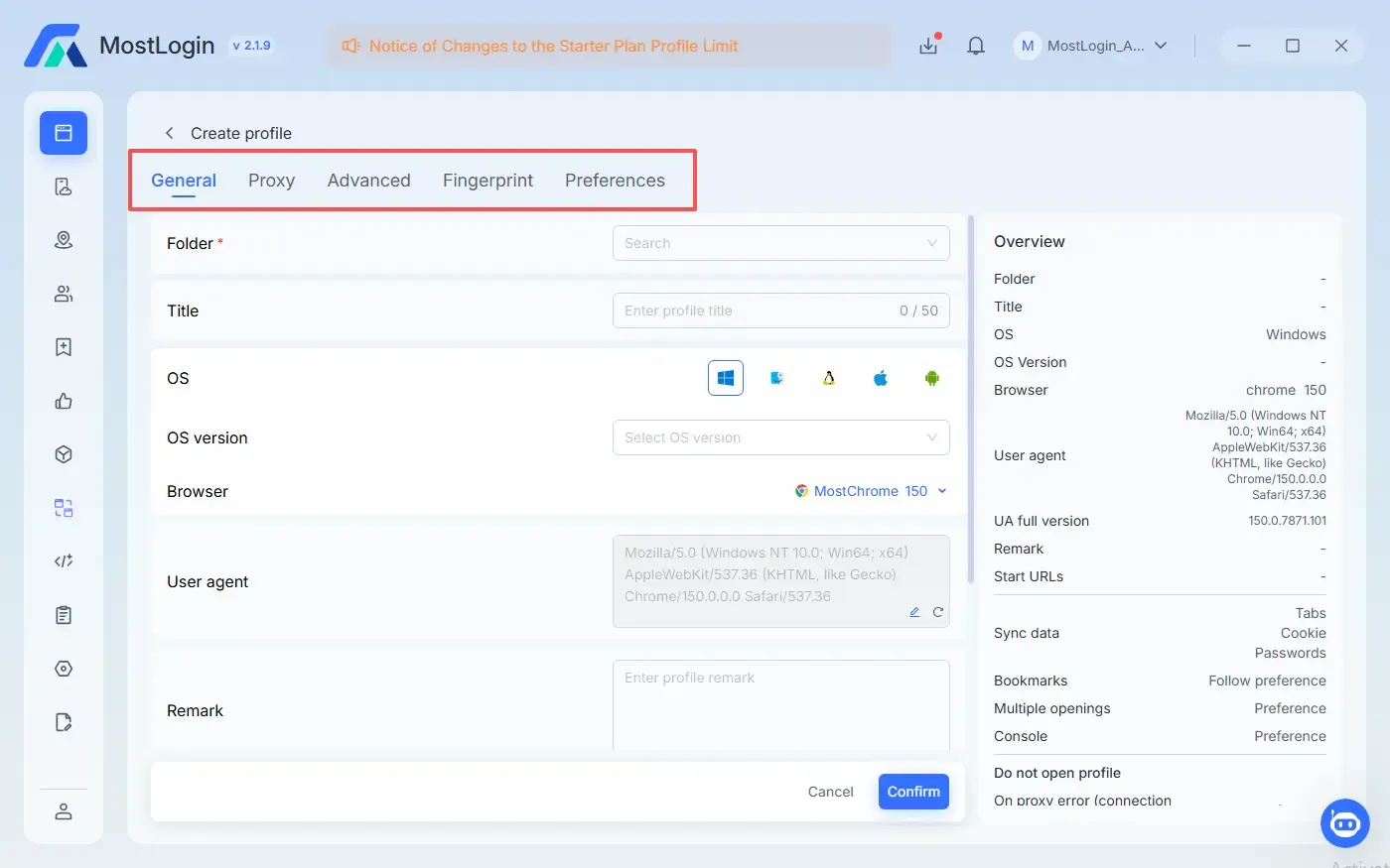 MostLogin create profile screenshot add proxy and setup profile at same time.webp