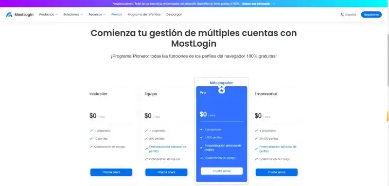Planes de precios del navegador con huella digital MostLogin