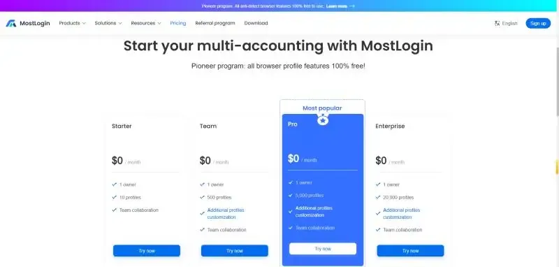 MostLogin Fingerprint Browser Pricing Plans