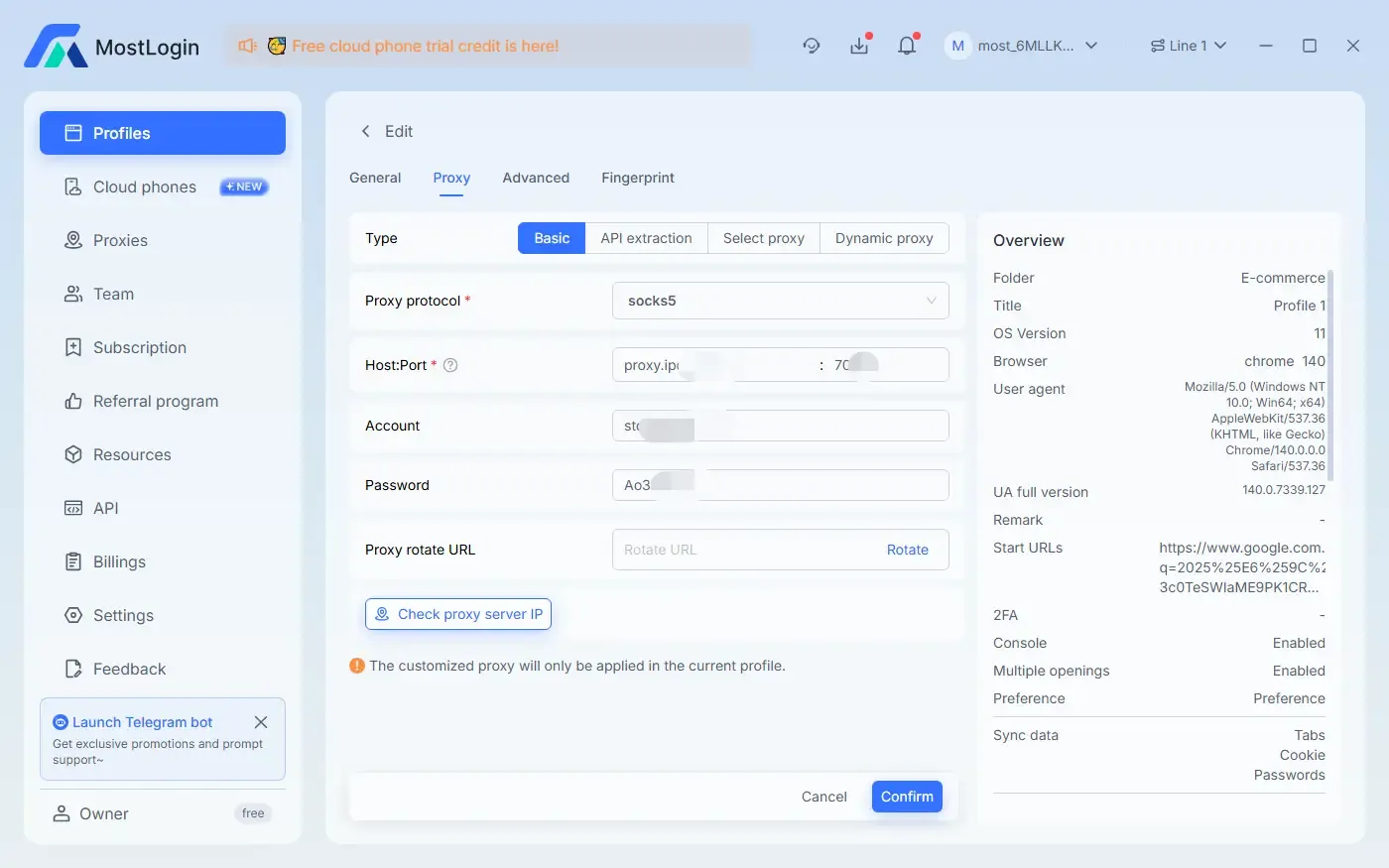 Настройка прокси и IP в антидетект-браузере MostLogin