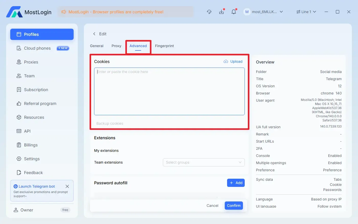 MostLogin Multi-Account Browser enables manual cookie setting