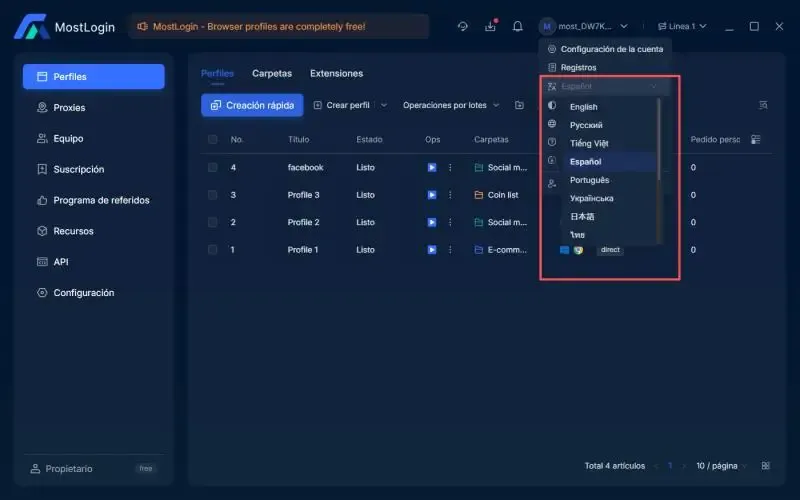 Idiomas de la Interfaz de MostLogin