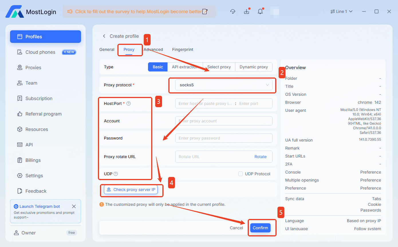 complete the proxy configure in MostLogin