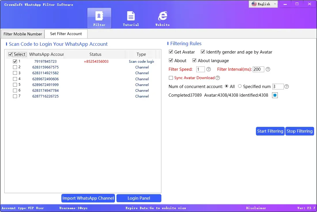 bulk import WhatsApp channel accounts or hash accounts