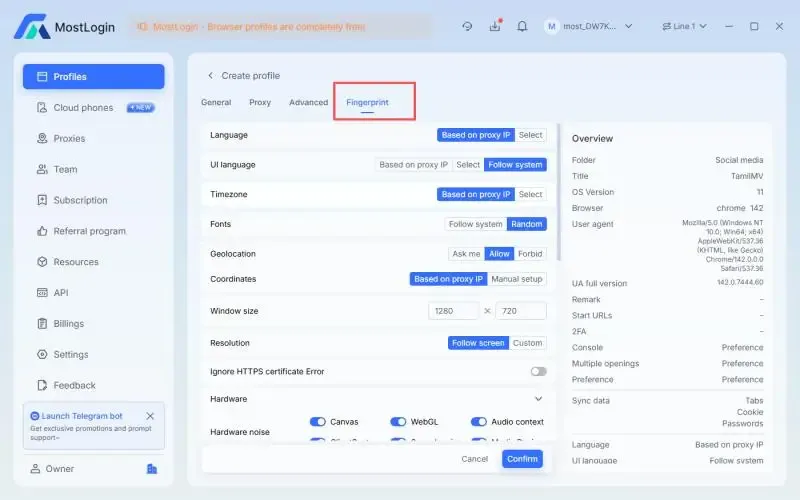 Настройка браузерного отпечатка
