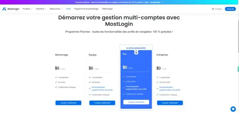 Tarification des forfaits MostLogin