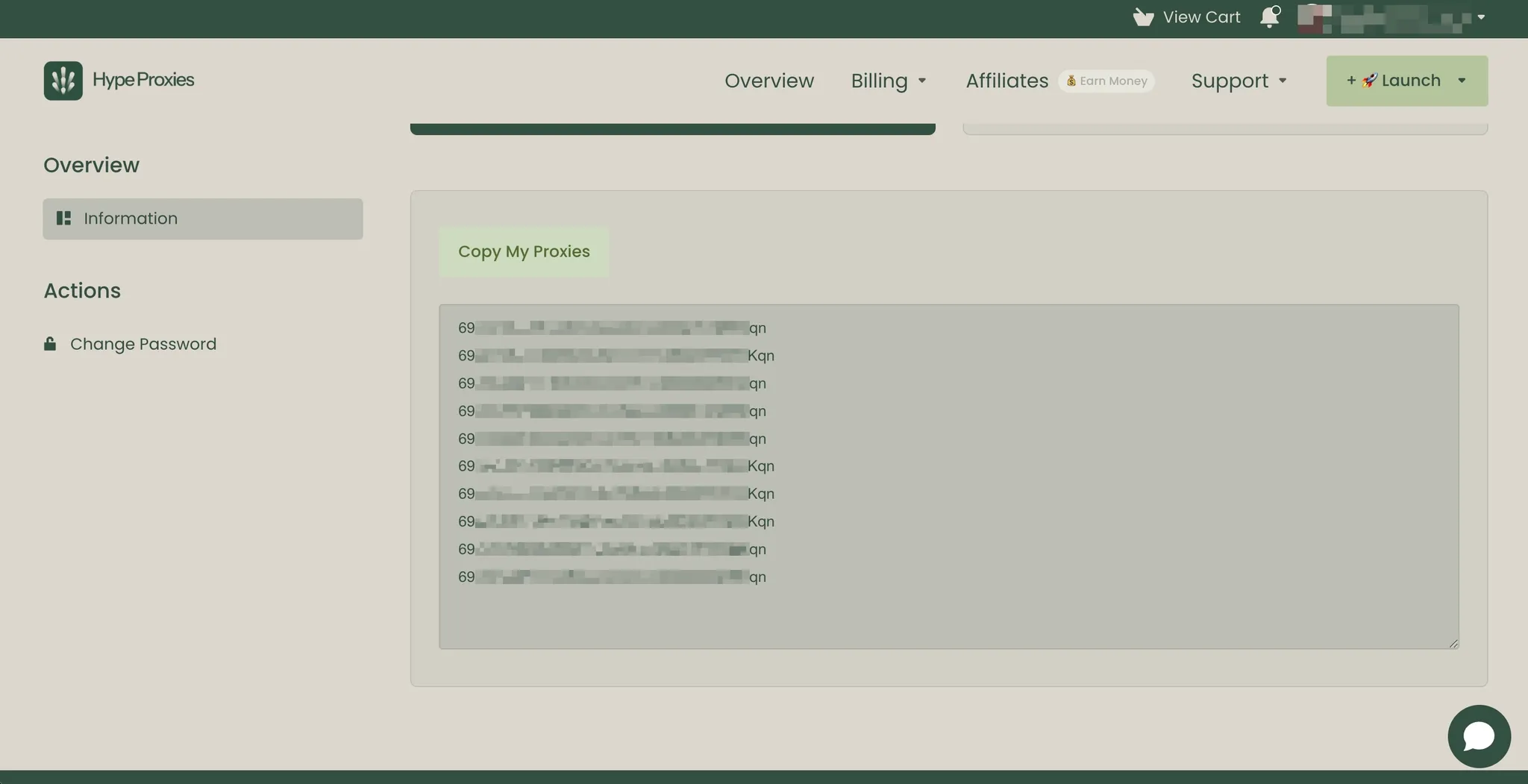 HypeProxies Product Details page with the Information sidebar tab selected, showing the Copy My Proxies button and the full proxy list in IP:port:username:password format