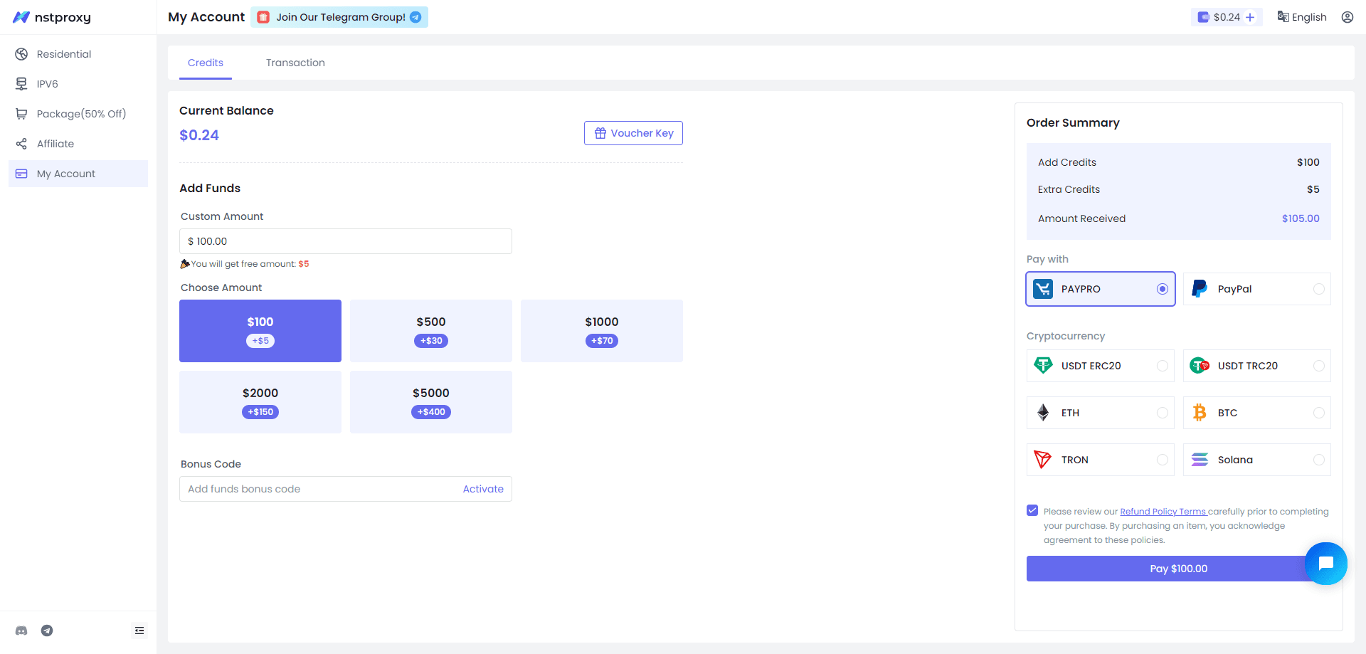 Top up wallet to activate proxies