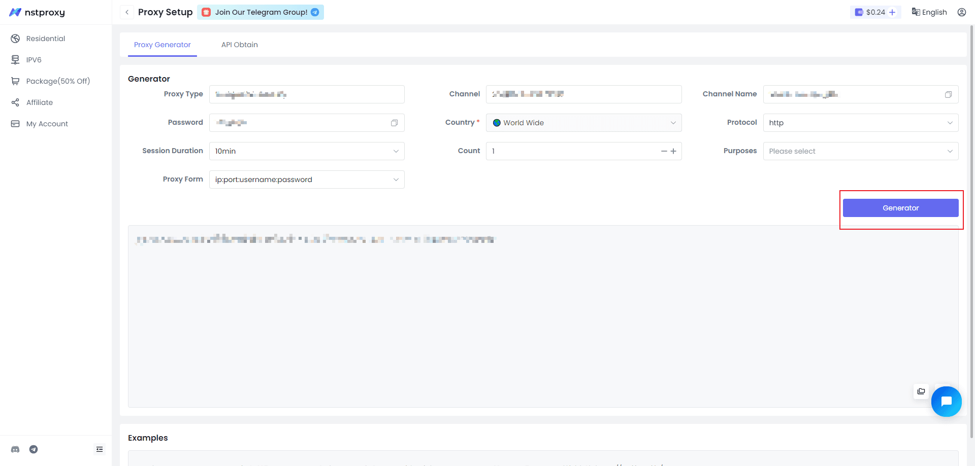 Create a residential proxy channel (choose region & plan)