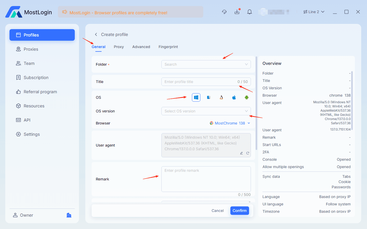 In the "General" tab, configure the basic information for the new environment.