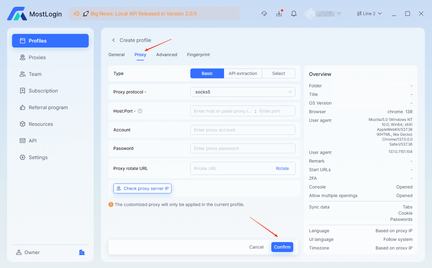 Click "Proxy" and enter the Nstproxy host, port, username, and password.