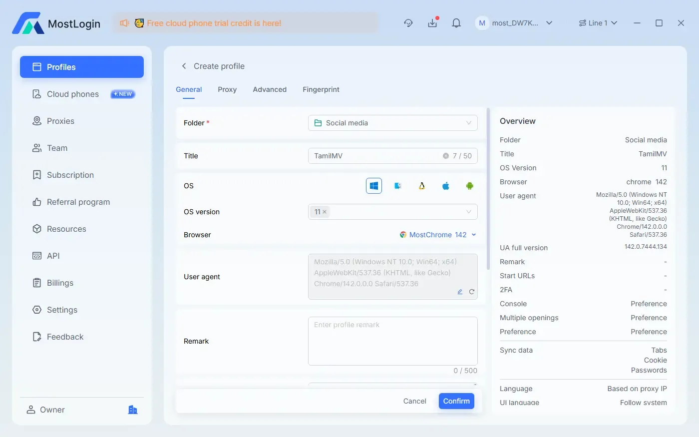 Create a new browser profile