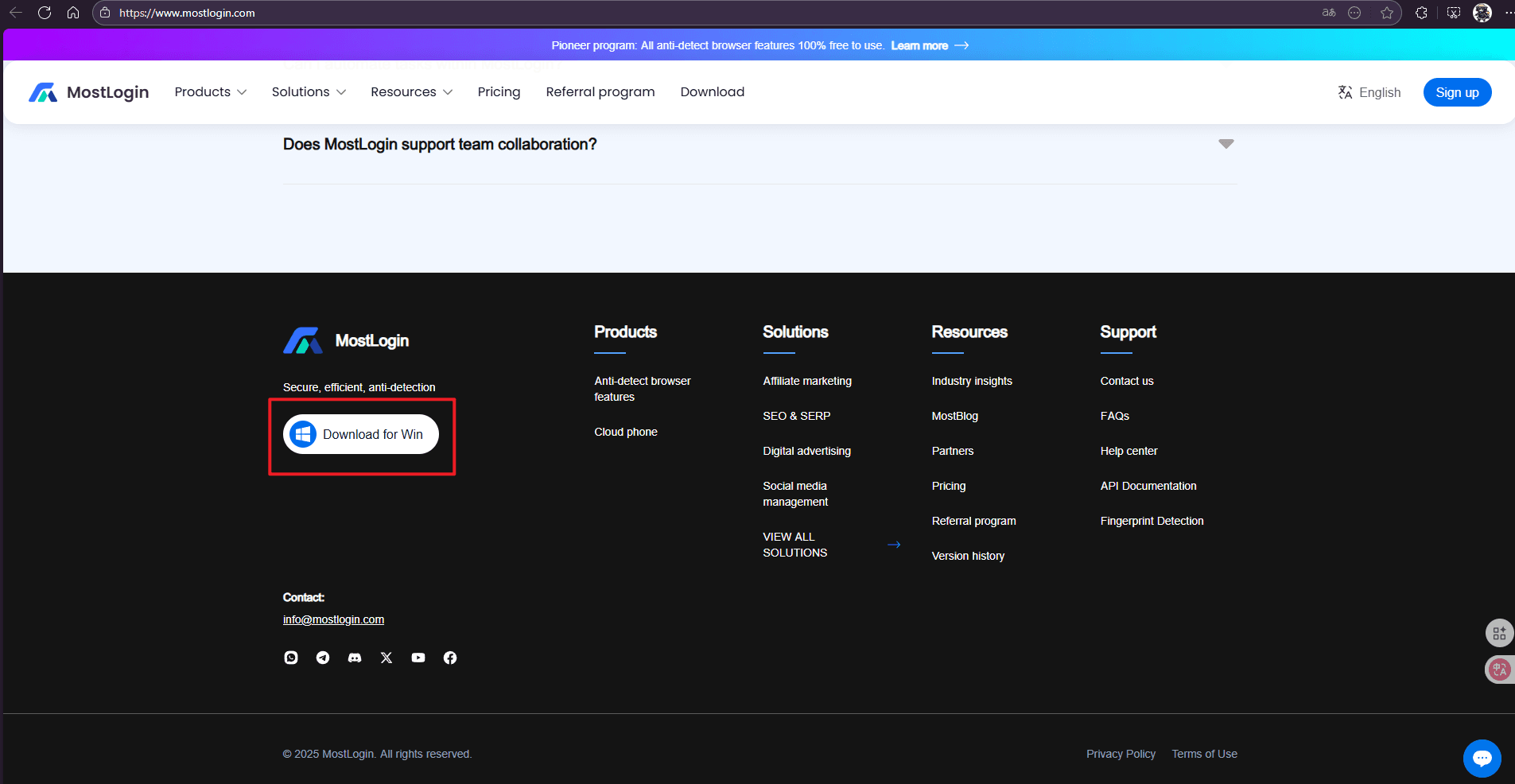Download button at the bottom of MostLogin Anti-Detection Browser's webpage