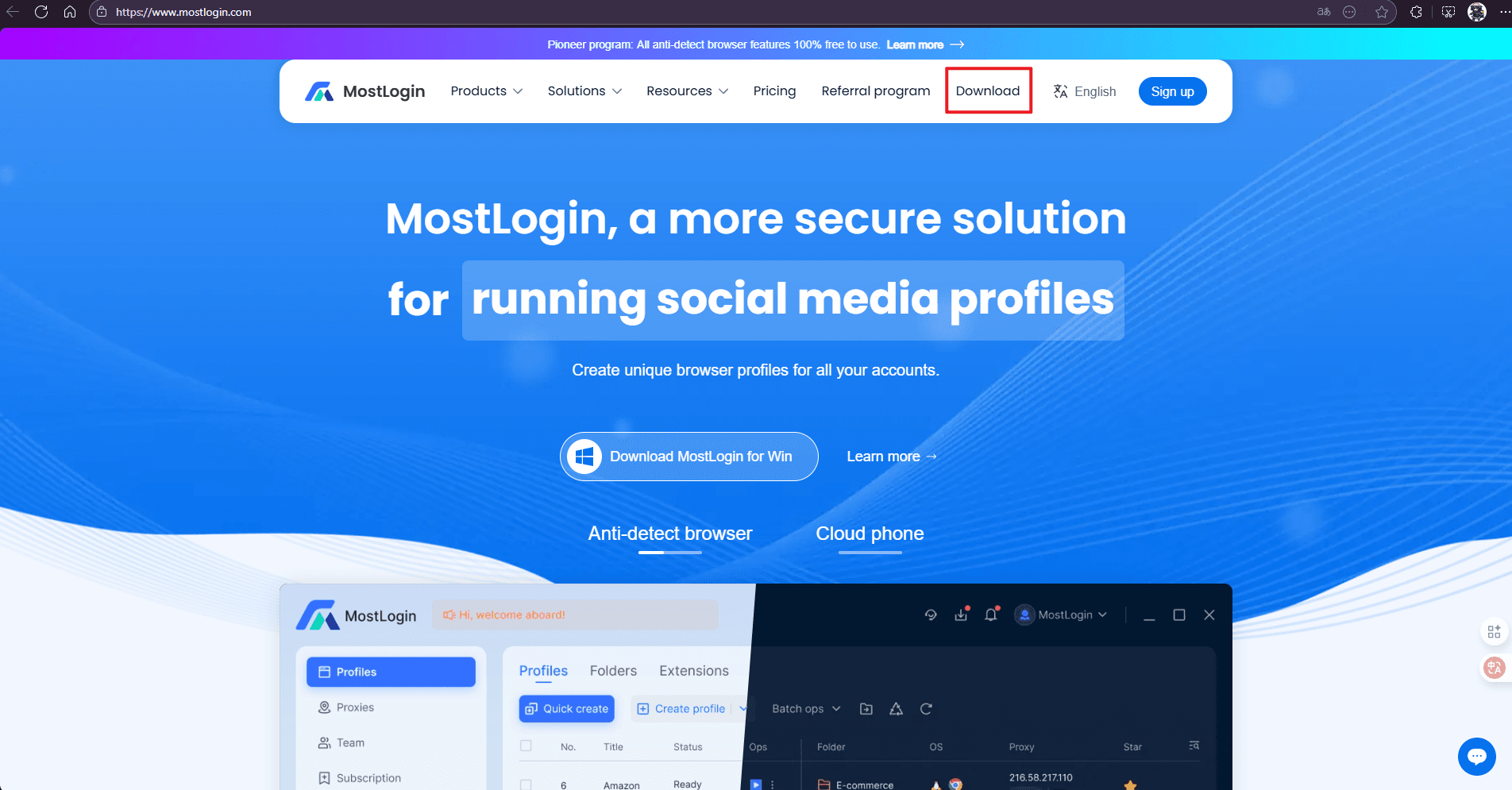 Download button at the top of MostLogin Anti-Detection Browser's webpage
