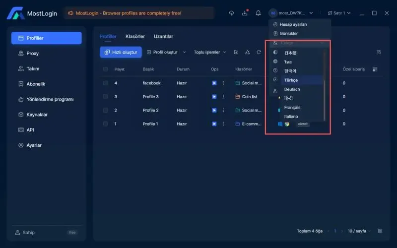 MostLogin Arayüz Dilleri