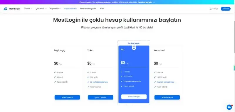 MostLogin Plan Fiyatlandırması