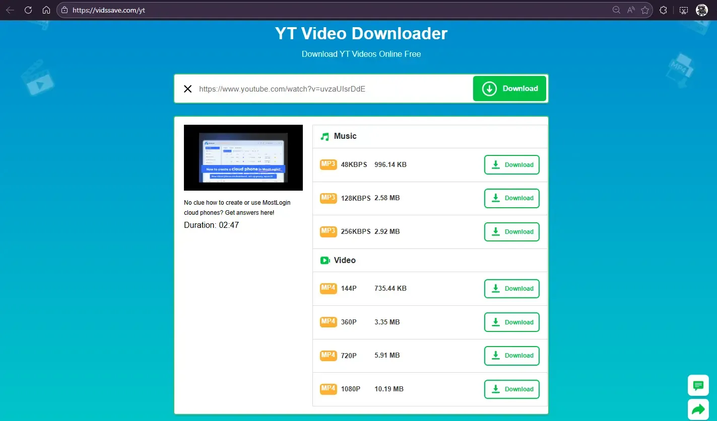 Vidssave YouTube Video Downloader